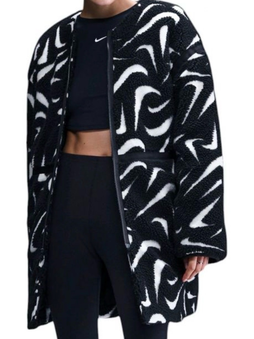 Nike Sportswear Women’s Loose High-Pile Swoosh Jacket Black White M NWT